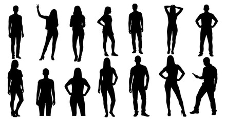 Obraz premium Silhouettes of diverse people in various poses on white background