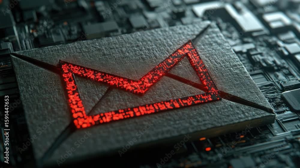 Poster digital email icon with red glow on futuristic circuit board background in dark tones