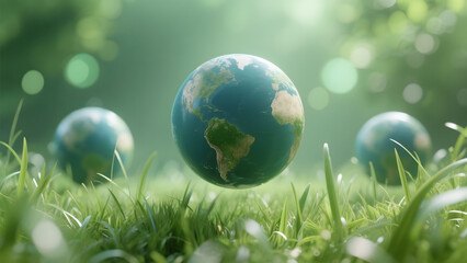 Earth globes resting on vibrant green grass under sunlight