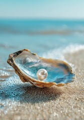 Single Pearl in Oyster Shell on Sandy Beach