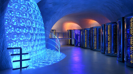Futuristic, glowing server room with  circular displays and  blue lighting.  Features  a  winding  staircase,  servers, and  a  decorative wall