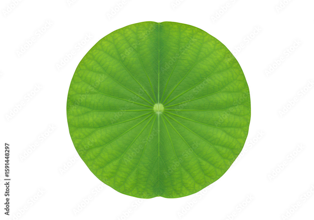 Poster a vibrant green lotus leaf with intricate vein patterns, viewed from the top and isolated on a trans