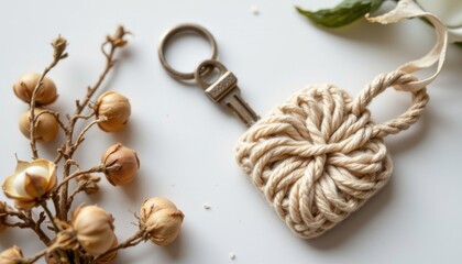 a high resolution, ultra sharp isolated key holder handcrafted from hand spun cotton, placed on a pure white background with no shadow or minimal soft shadows only