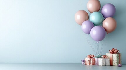 Colorful Balloons and Gift Boxes on Blue Background for Birthday Party Celebration Invitation Kids Event Promotion Holiday Decoration
