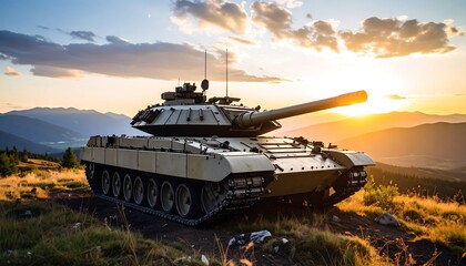 Military tank at sunset over a mountain range (1)