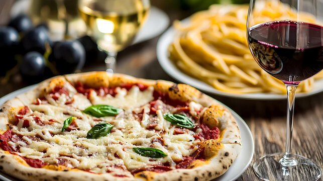 Italian feast with pizza, pasta, and wine.  Pizza topped with  tomato sauce, mozzarella, and prosciutto.  Grapes, pasta, and wine glasses complete the scene