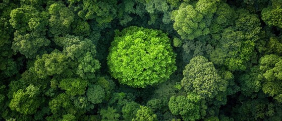 Naklejka premium Exploring Nature's Resilient Growth: A Glimpse at a Thriving Tree Surrounded by Dense Forest