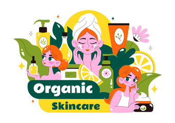Natural Skin Care Vector Illustration featuring Women Applying Cosmetic Face Skincare Products Made with Organic Ingredients in a Flat Background