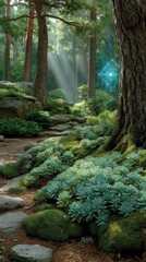 Nature's Resilient Growth: Life Thrives Amidst Mossy Rocks in a Lush Forest Environment