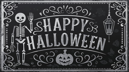 Fototapeta premium Happy halloween sign with skeleton, pumpkin, and lantern on a black background with decorative border