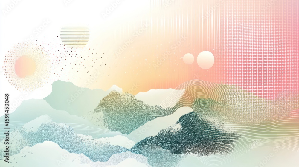 Poster abstract mountain landscape with gradient sky and decorative elements creating a serene and dreamy a