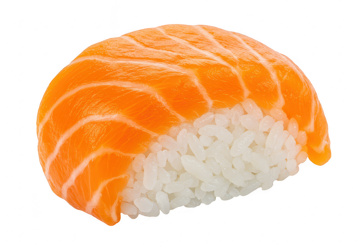 A single piece of salmon nigiri sushi with white rice, presented on a transparent background