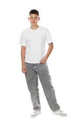 Fototapeta premium Happy teenage boy posing on white background