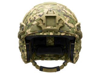 Modern tactical combat helmet with camouflage pattern isolated on transparent background