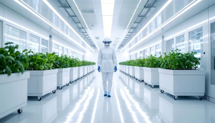 Scientist in Futuristic Hydroponic Greenhouse - Sustainable Agricul.