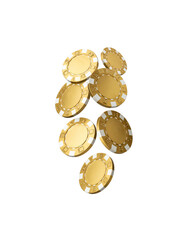 Colorful shiny casino poker chips and game buttons on white background