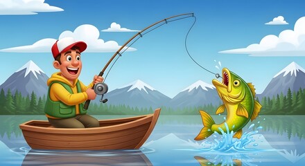 A happy cartoon fisherman in a boat on a lake with mountains in the background, excitedly reels in a large fish that is splashing in the water