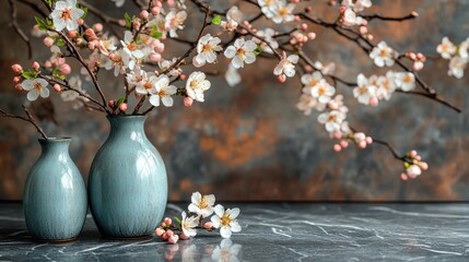 Elegant Floral Still Life with Blossom Branches in Blue Vases on Marble
