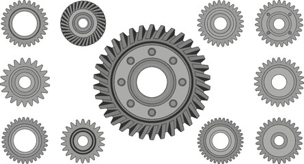 Vector Illustration of Central Mechanical Gear with Multiple Small Gears – Engineering Components Used in Industrial Machinery and Generators"