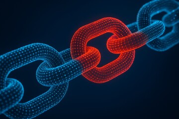 Broken chain link. The concept of data protection technology is a weak link in the system of digital data transfer. Hacker attack on the network. Digital background. 