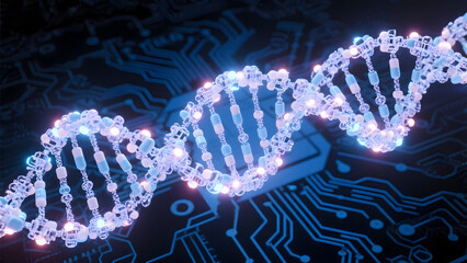 Illuminated DNA Strand Overlaid on Circuit Board Background