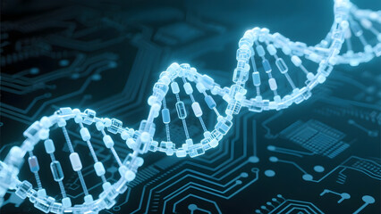 Glowing DNA Strand Overlaid on Circuit Board Background