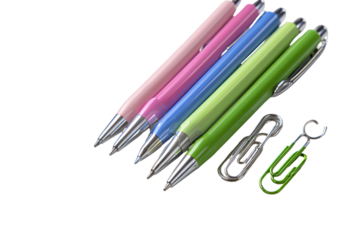Assortment of colorful pens and paperclips isolated on transparent background