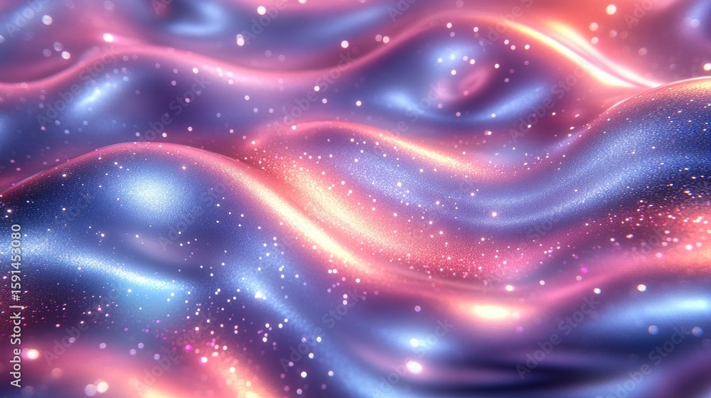 Poster abstract iridescent waves with sparkling light dust particles background