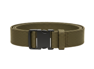 Olive green tactical belt with black buckle isolated on transparent background