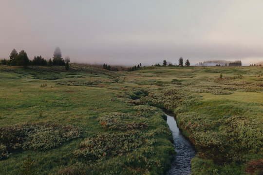 Sunrise light hits a misty meadow with a winding stream.