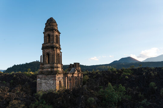 San Juan de Paricutin Church buried into volcanic rock field
