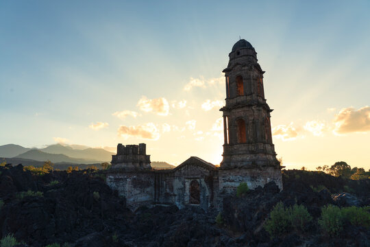 Facade of San Juan de Paricutin Church at sunrise