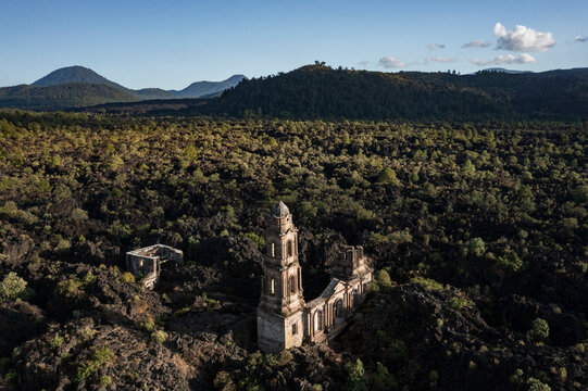San Juan de Paricutin Church buried into volcanic rock field