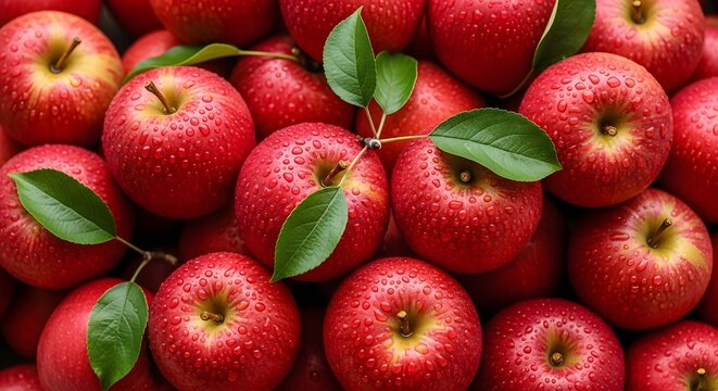 A vibrant pile of fresh, red apples glistening with water droplets and adorned with green leaves and stems
