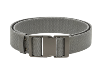 A grey fabric belt with a metal buckle isolated on transparent background