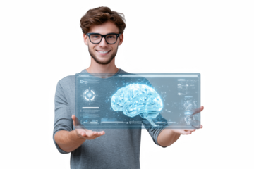 Young man holding a digital tablet showing global technology and communication concepts