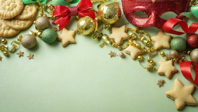 Festive cookies, ornaments, and ribbons on mint green background