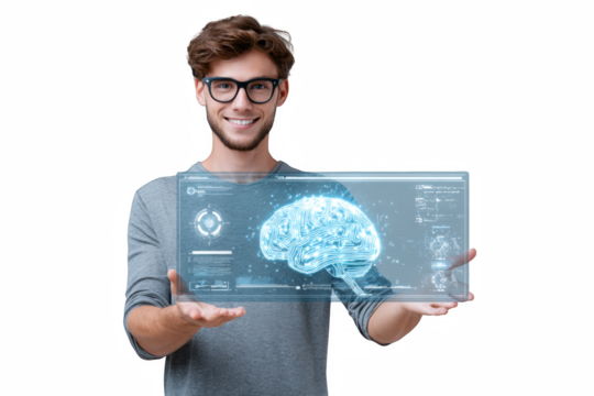 Young man holding a digital tablet showing global technology and communication concepts