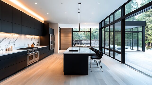 Modern kitchen design ideas black cabinets marble backsplash and island with barstools decor style