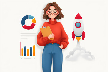 Businesswoman with Clipboard and Startup Rocket, Analytics Charts, Success and Growth Concept, Cartoon Illustration