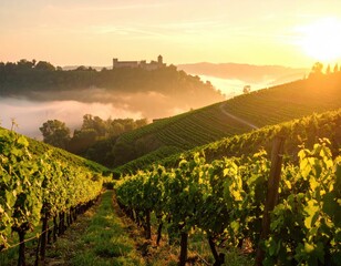 Sunrise over vineyard hills