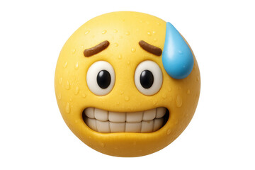 3d yellow emoticon sweating and showing a worried expression, perfect for illustrating anxiety, stress, or discomfort
