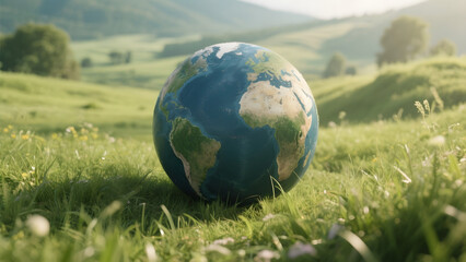 A detailed globe resting on a lush green field under a bright sky