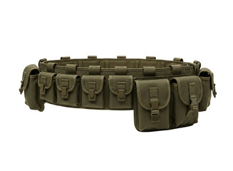 Olive drab ammunition bandolier belt with multiple pouches isolated on transparent background