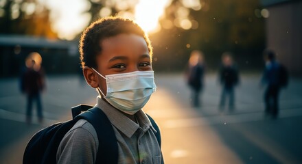 Schoolchild wearing mask walks to school