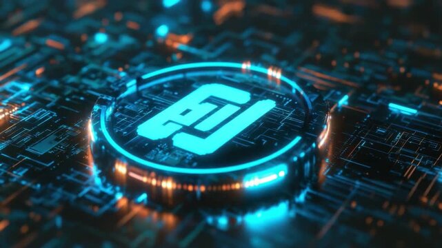 Futuristic Digital Circuit Background Featuring Abstract Neon Logo Design with Blue and Orange Light Effects