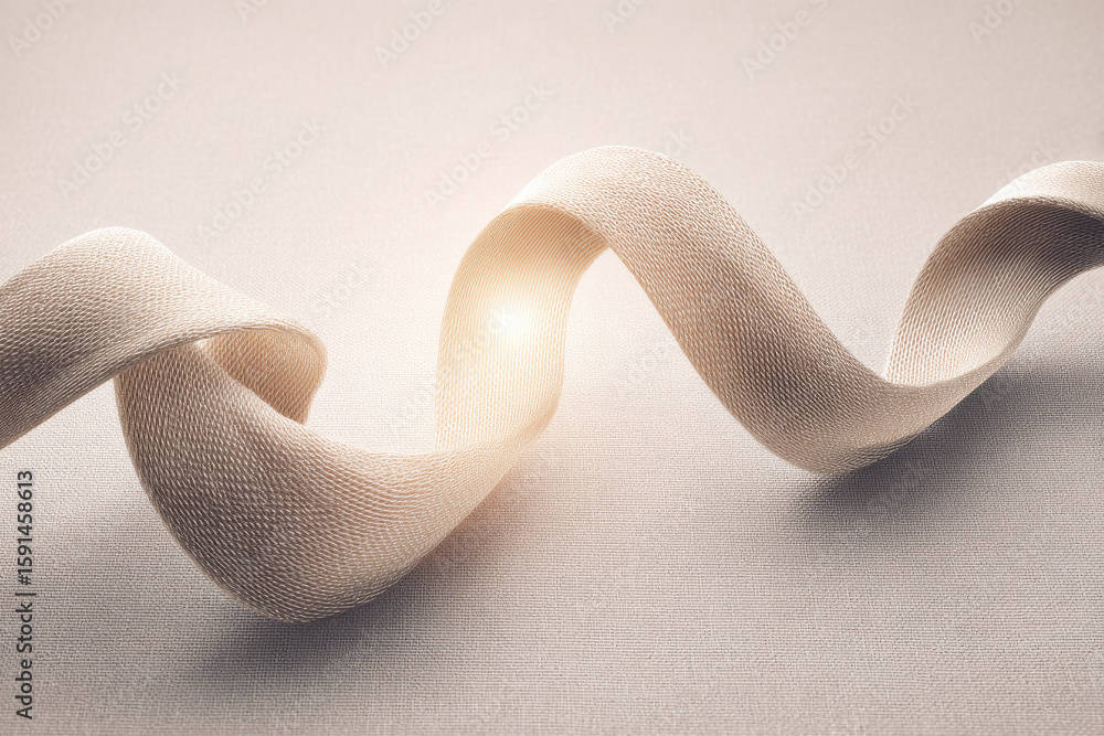 Poster soft beige fabric ribbon curves gracefully over textured linen surface, creating abstract wave patte