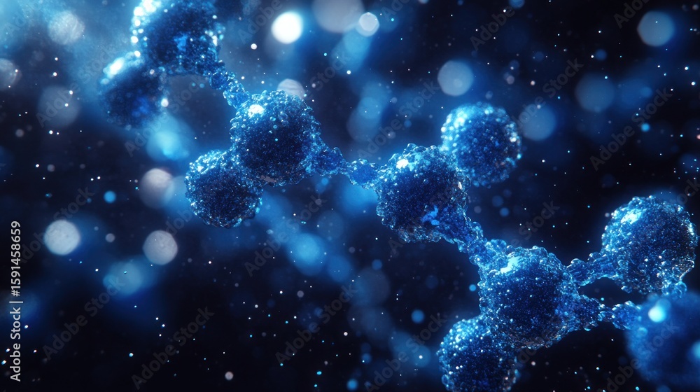 Poster conceptual rendering of molecular structure with shining blue particles