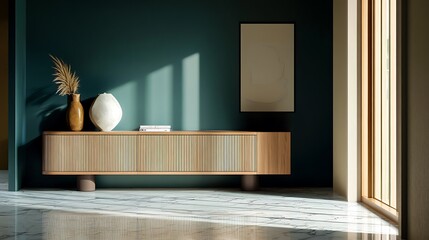 Modern living room interior design with wooden cabinet and decor home furniture styled in minimalist way