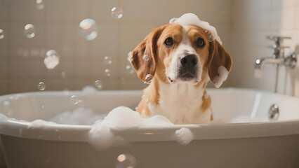 Beagle dog enjoying a bubble bath in a white bathtub